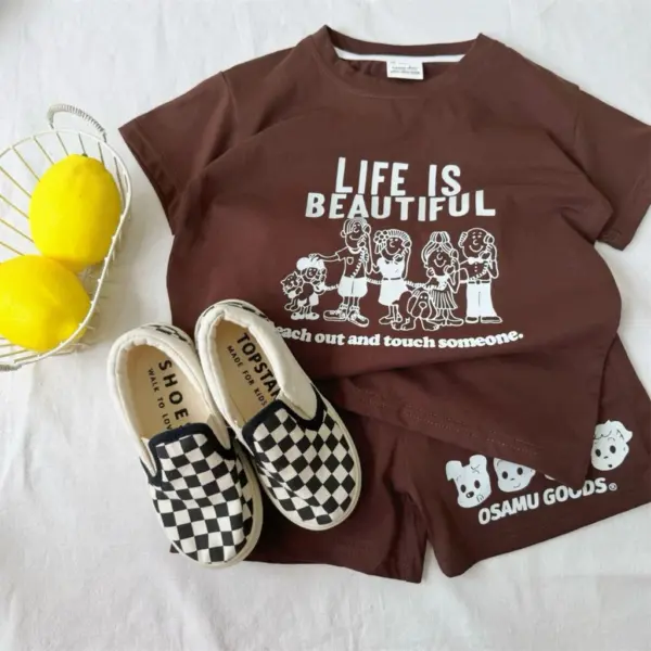 เสื้อยืดแขนสั้นพิมพ์ลายน่ารักกางเกงขาสั้น สีน้ำตาล